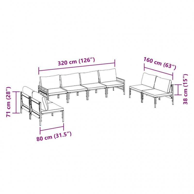 Zestaw Sof na Ogród z poduszką 8 pcs Czarny Stal