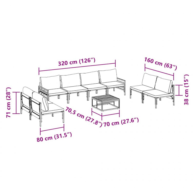 Zestaw Sof na Ogród z poduszką 9 pcs Czarny Stal