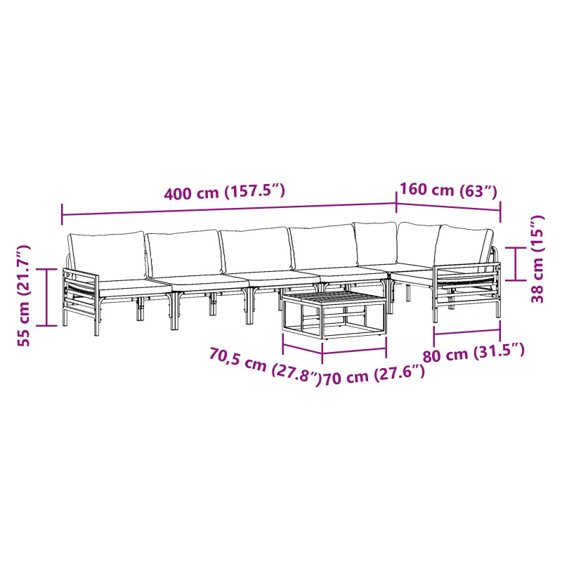Zestaw Sof na Ogród z poduszką 7 pcs Czarny Stal