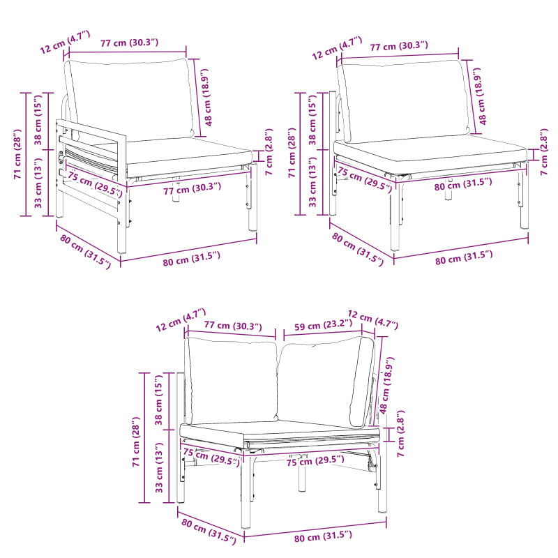 Zestaw Sof na Ogród z poduszką 7 pcs Czarny Stal