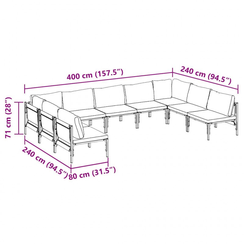Zestaw Sof na Ogród z poduszką 9 pcs Czarny Stal