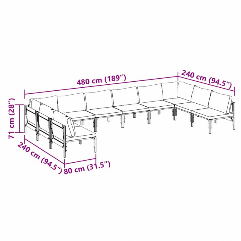 Zestaw Sof na Ogród z poduszką 10 pcs Czarny Stal