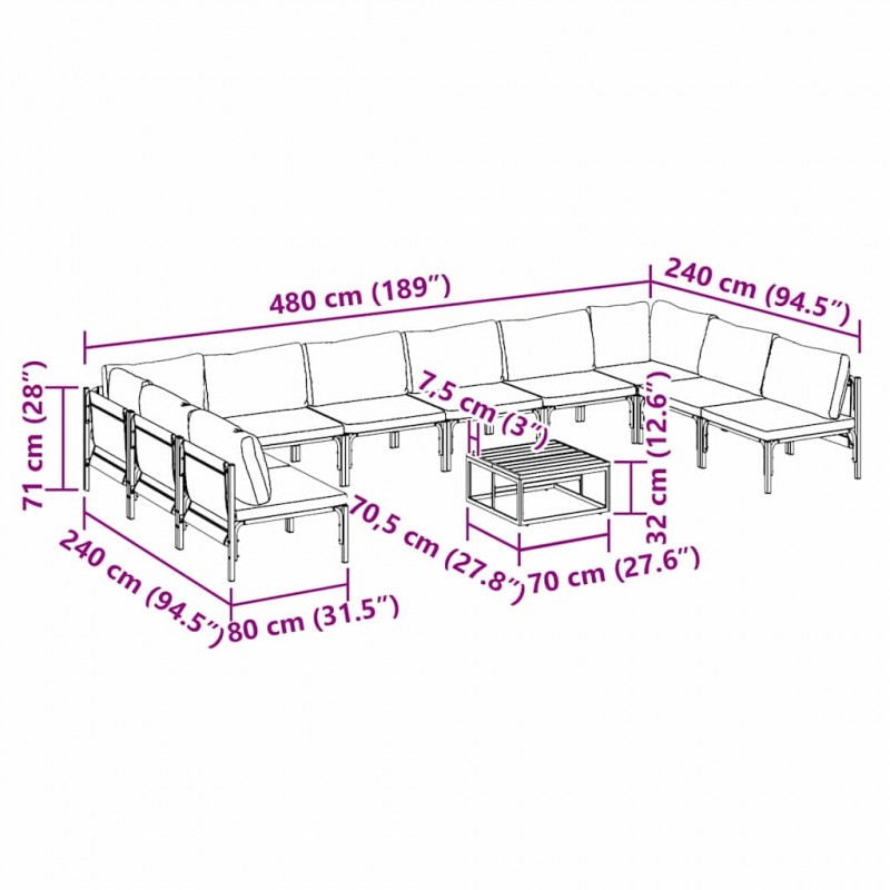Zestaw Sof na Ogród z poduszką 11 pcs Czarny Stal