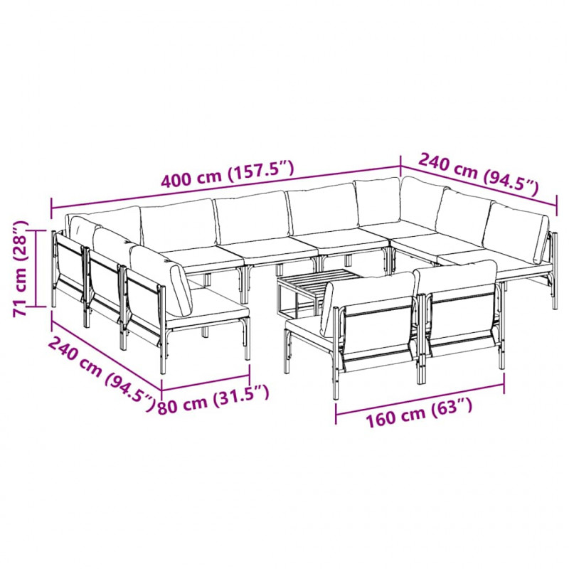 Zestaw Sof na Ogród z poduszką 12 pcs Czarny Stal