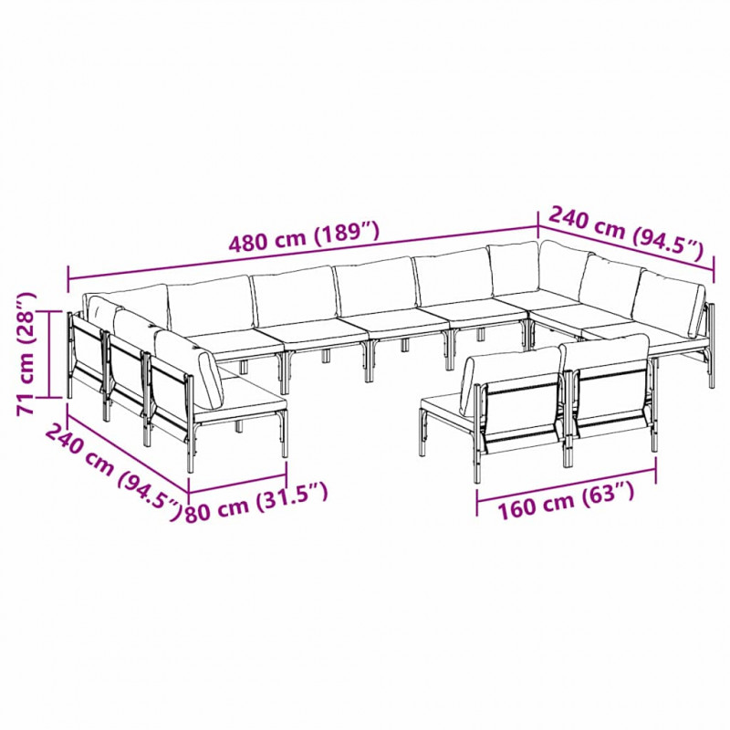 Zestaw Sof na Ogród z poduszką 12 pcs Czarny Stal