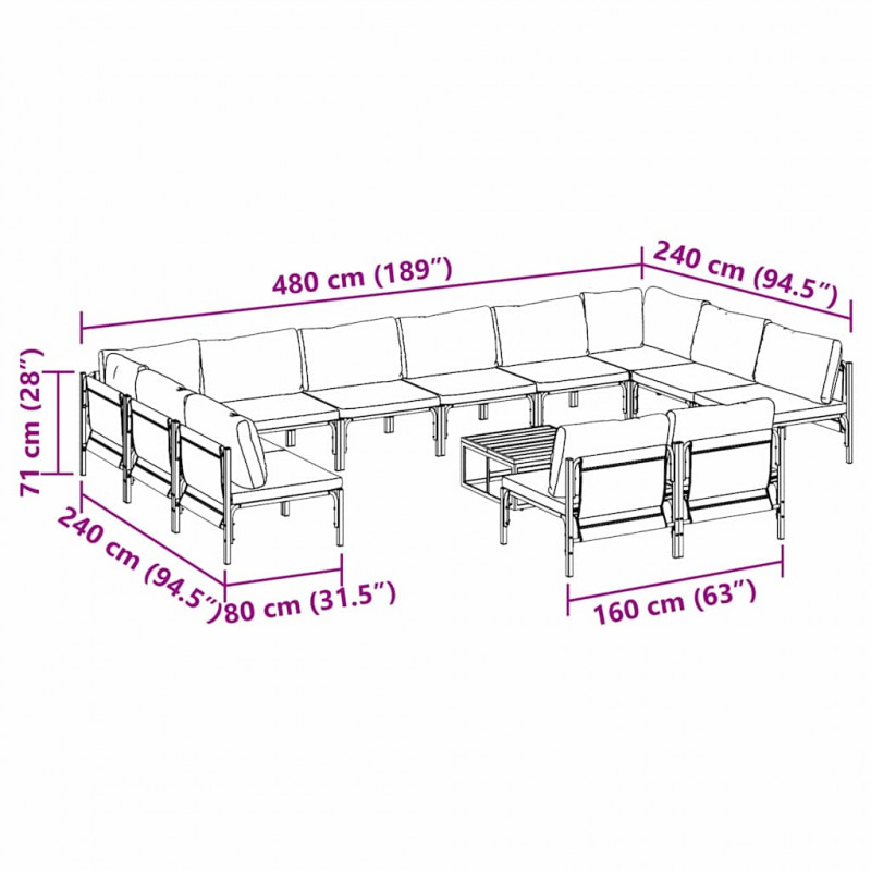 Zestaw Sof na Ogród z poduszką 13 pcs Czarny Stal