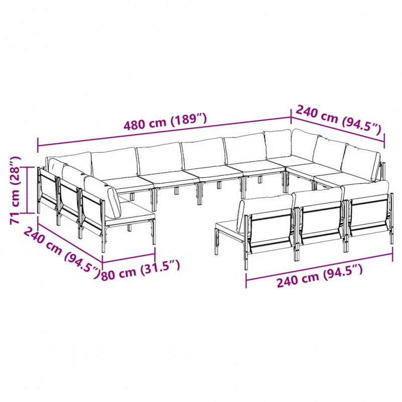 Zestaw Sof na Ogród z poduszką 13 pcs Czarny Stal