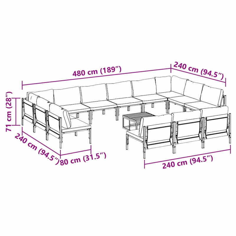 Zestaw Sof na Ogród z poduszką 14 pcs Czarny Stal