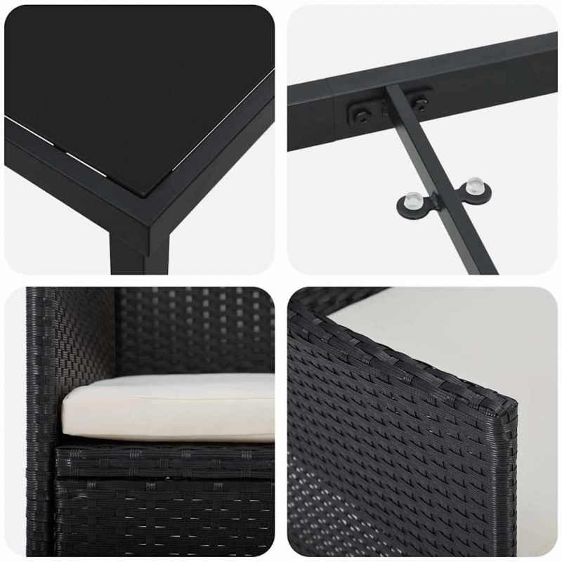 Zestaw do jadalni w ogrodzie z poduszką 3 pcs Czarny polirattan