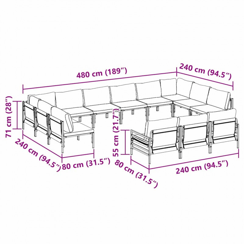Zestaw Sof na Ogród z poduszką 13 pcs Czarny Stal