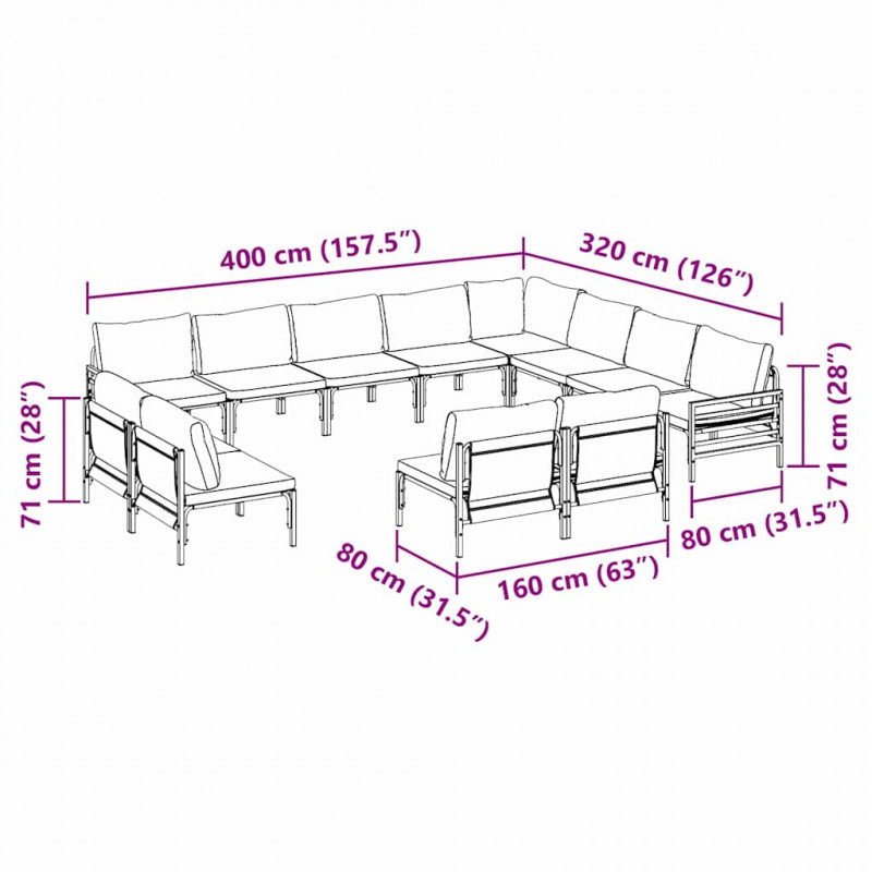 Zestaw Sof na Ogród z poduszką 12 pcs Czarny Stal