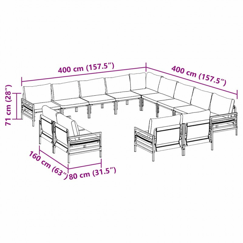 Zestaw Sof na Ogród z poduszką 13 pcs Czarny Stal