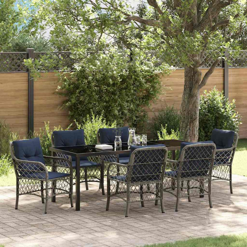 Zestaw do jadalni w ogrodzie 7 pcs Szary i czarny rattan