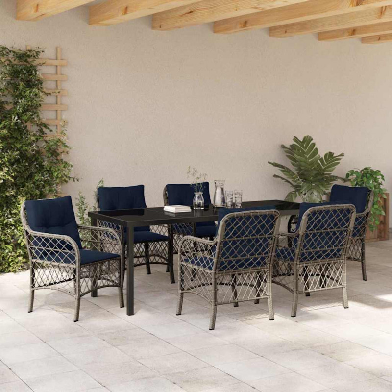 Zestaw do jadalni w ogrodzie 7 pcs Szary i czarny rattan