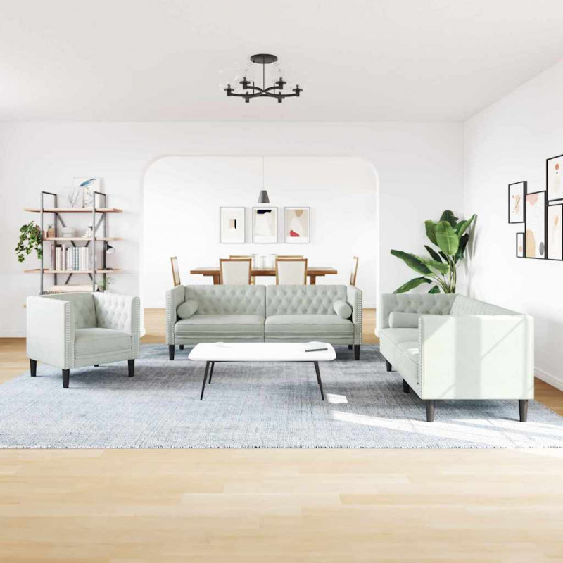 Sofa do salonu 3 pcs Jasnoszary 194 x 74,5 x 70,5 cm Aksamit