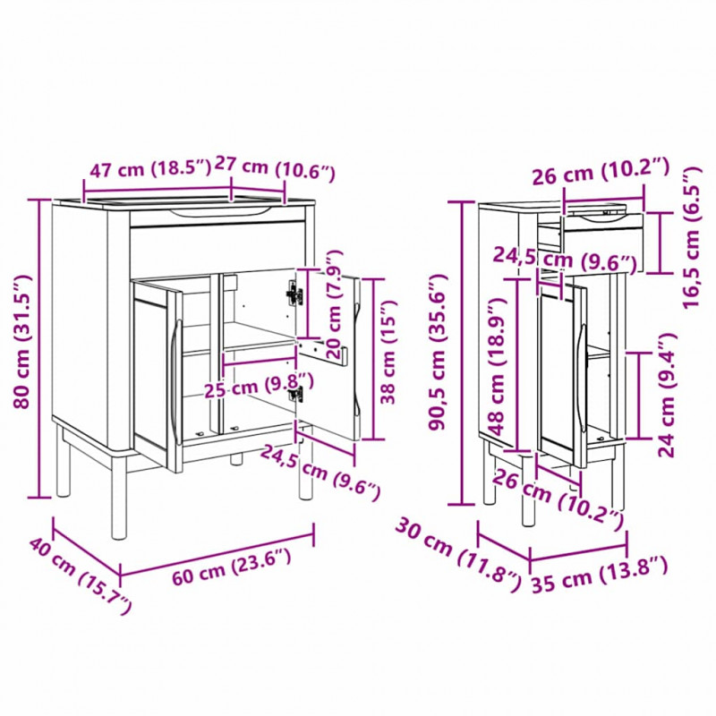 Zestaw mebli łazienkowych FLORO 2 pcs Biały Lite drewno sosnowe