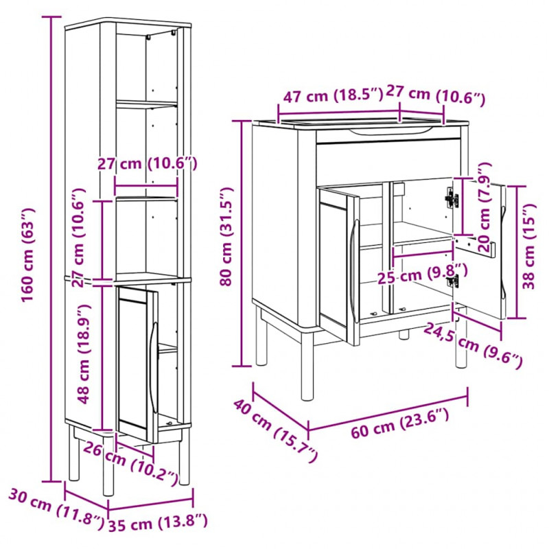 Zestaw mebli łazienkowych FLORO 2 pcs Biały Lite drewno sosnowe