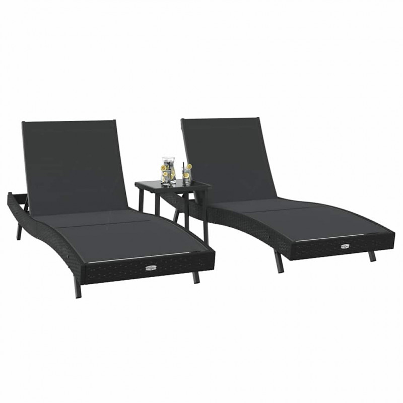 Leżak 3 pcs Czarny 197 x 70 x 82 cm polirattan
