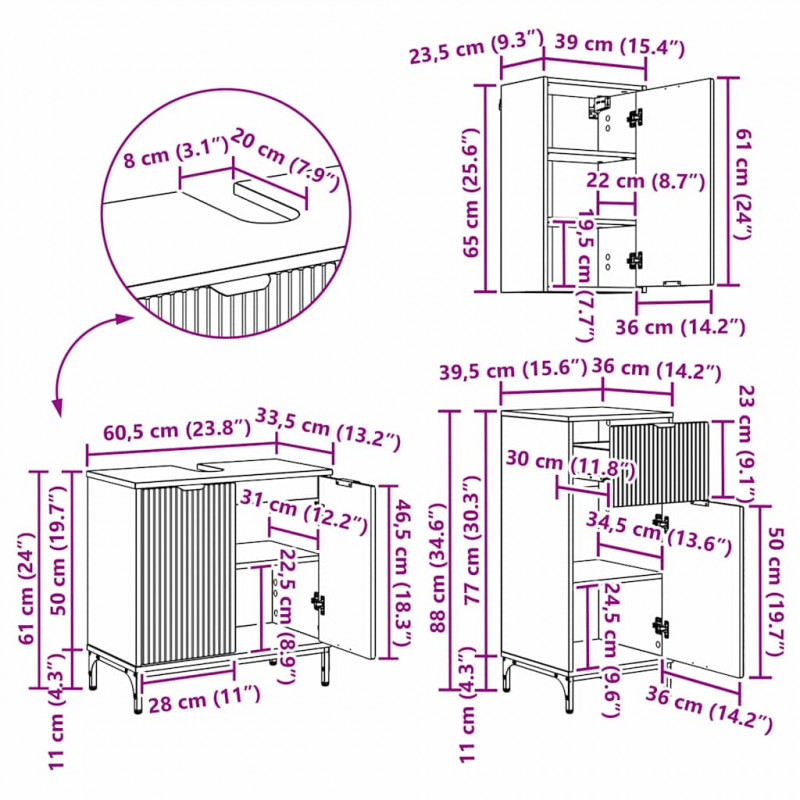 Zestaw mebli łazienkowych z szufladą 3 pcs Betonowy szary