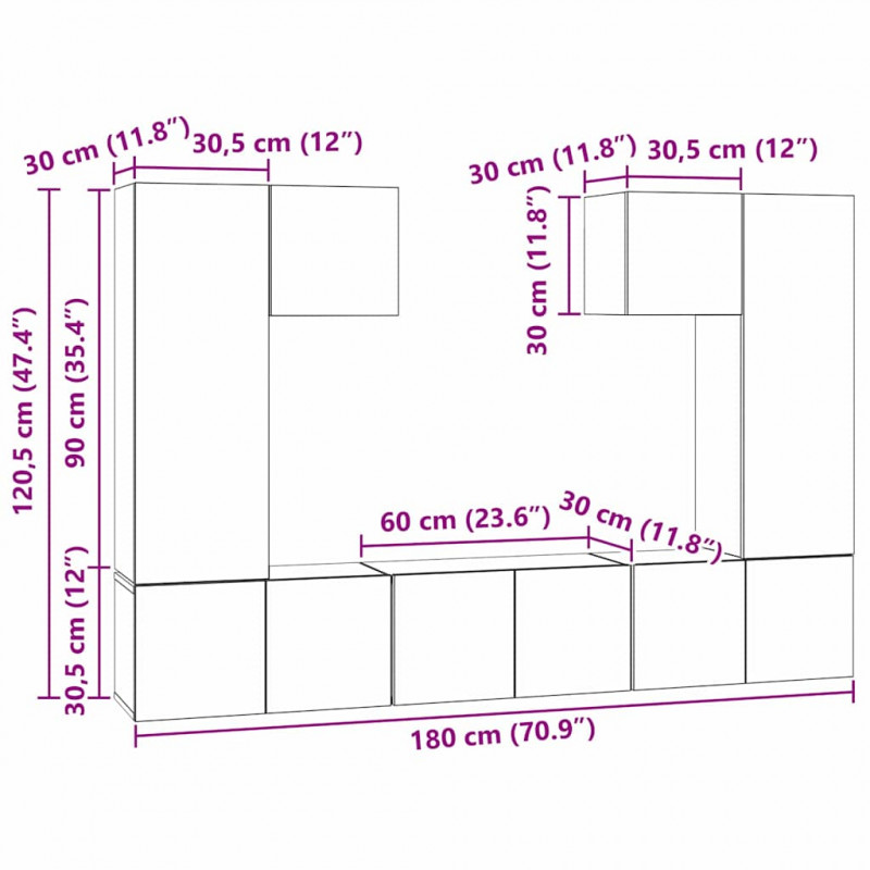Zestaw szafek RTV 7 pcs Czarny Dąb Materiał drewnopochodny