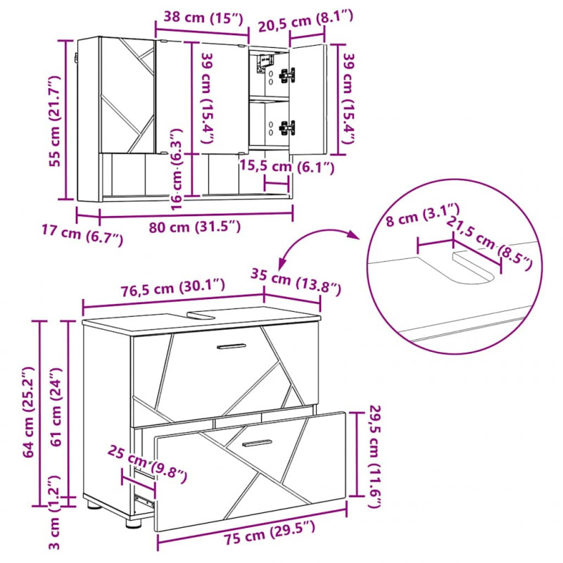 Zestaw mebli łazienkowych z szufladą 2 pcs Betonowy szary