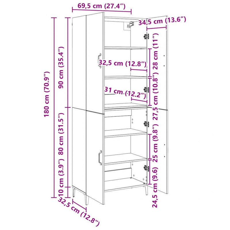 Highboard 2 pcs Czarny Dąb Materiał drewnopochodny