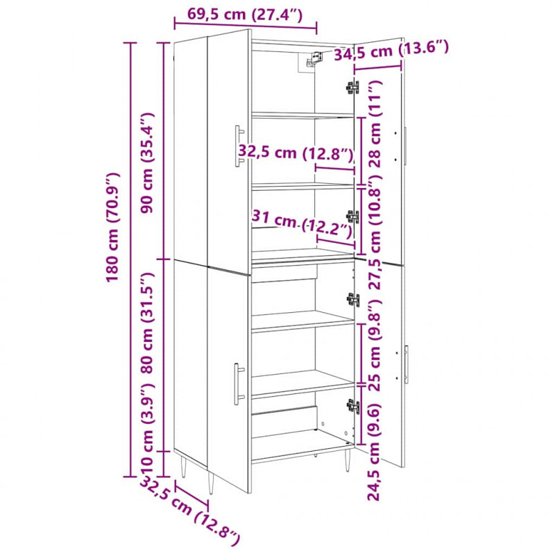 Highboard Montowane na ścianie Stare drewno 69,5 x 34 x 180 cm