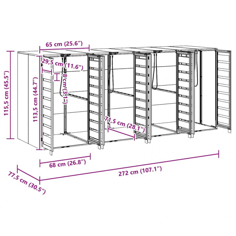 Przechowalnia na 3 kosze na odpady 340 x 77.5 x 115.5 cm Stal