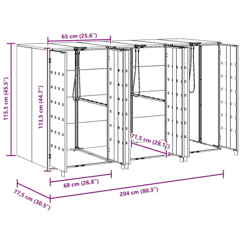 Przechowalnia na 3 kosze na odpady 340 x 77.5 x 115.5 cm Stal