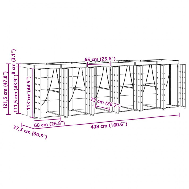 Przechowalnia na 3 kosze na odpady 340 x 77.5 x 115.5 cm Stal