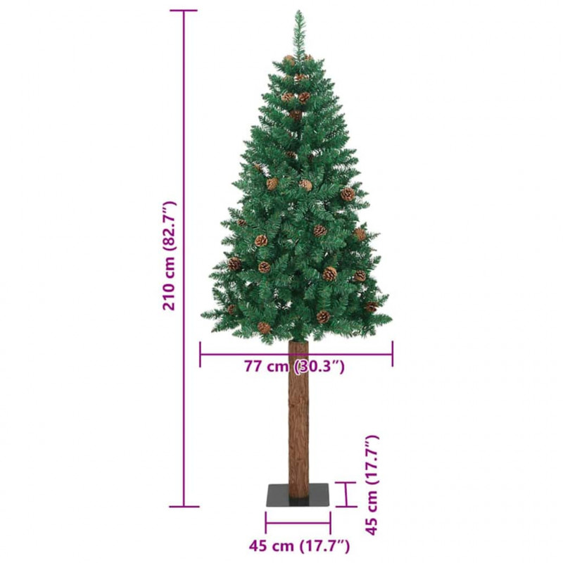 Szczupła Choinka Zielony 210 cm PVC i lite drewno sosnowe