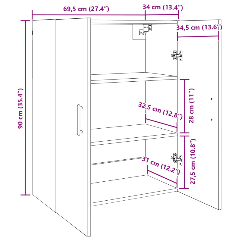 Szafka ścienna 2 pcs Dąb rzemieślniczy 69,5 x 34 x 90 cm