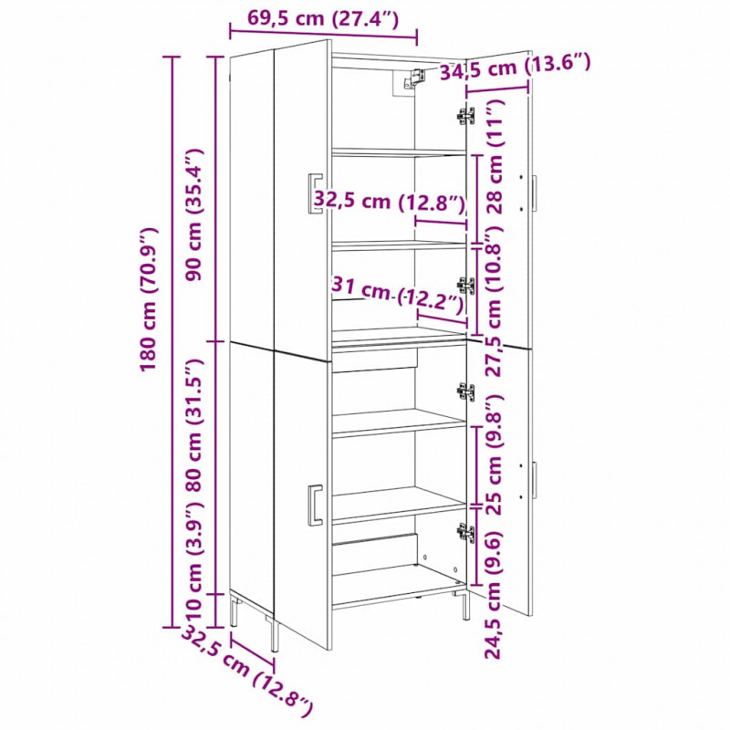 Highboard Montowane na ścianie dąb artisan 69,5 x 34 x 180 cm