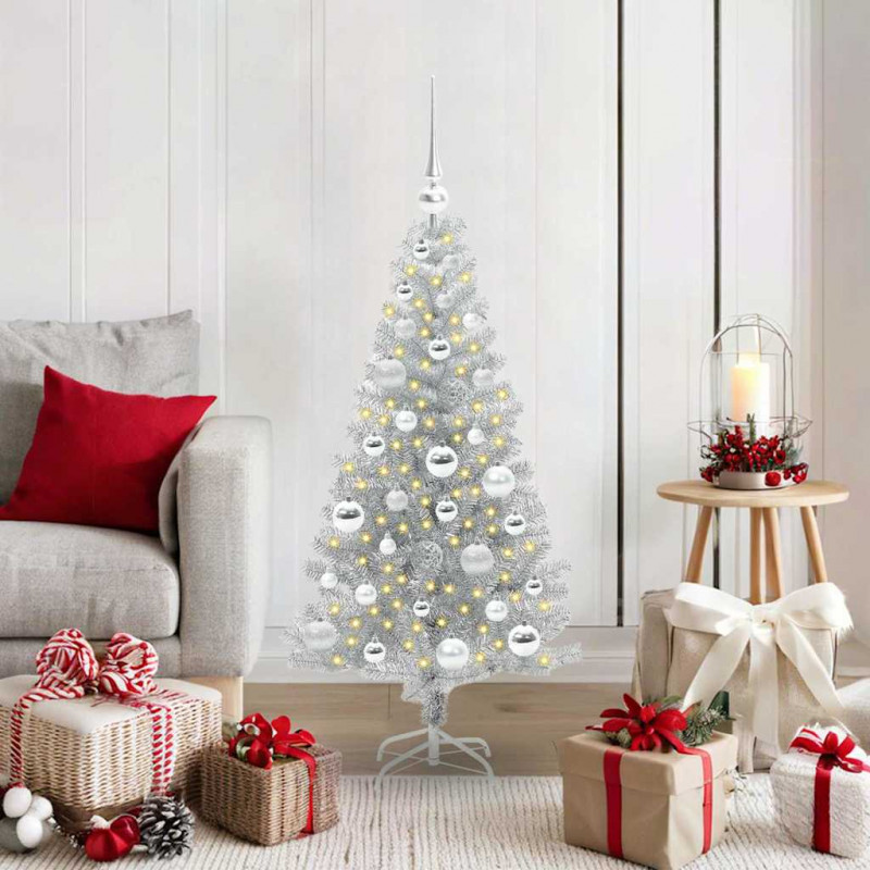 Choinka z 150 diodami LED z podstawą Srebrny 120 cm PET