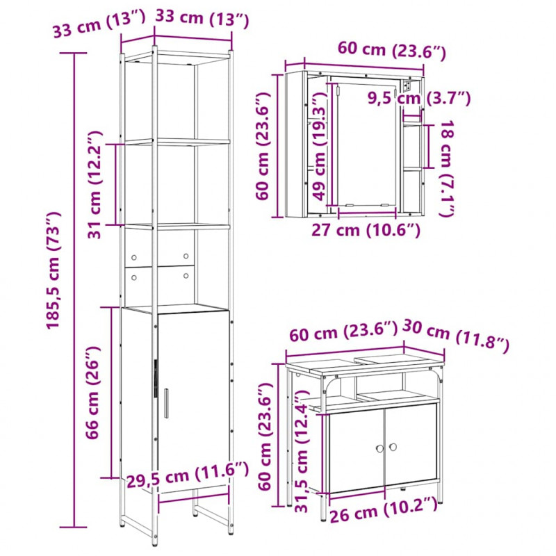 Zestaw mebli łazienkowych z półką z drzwiami 3 pcs Dąb Sonoma