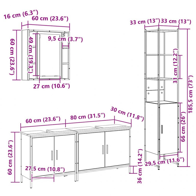 Zestaw mebli łazienkowych z półką z drzwiami 4 pcs Dąb Sonoma