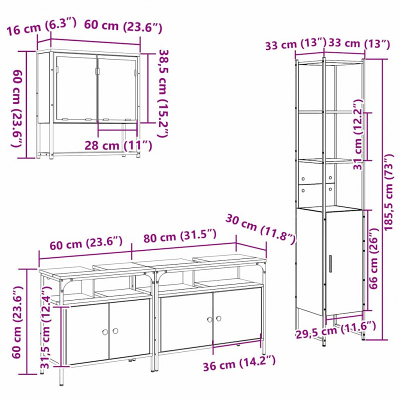 Zestaw mebli łazienkowych z półką z drzwiami 4 pcs Dąb Sonoma