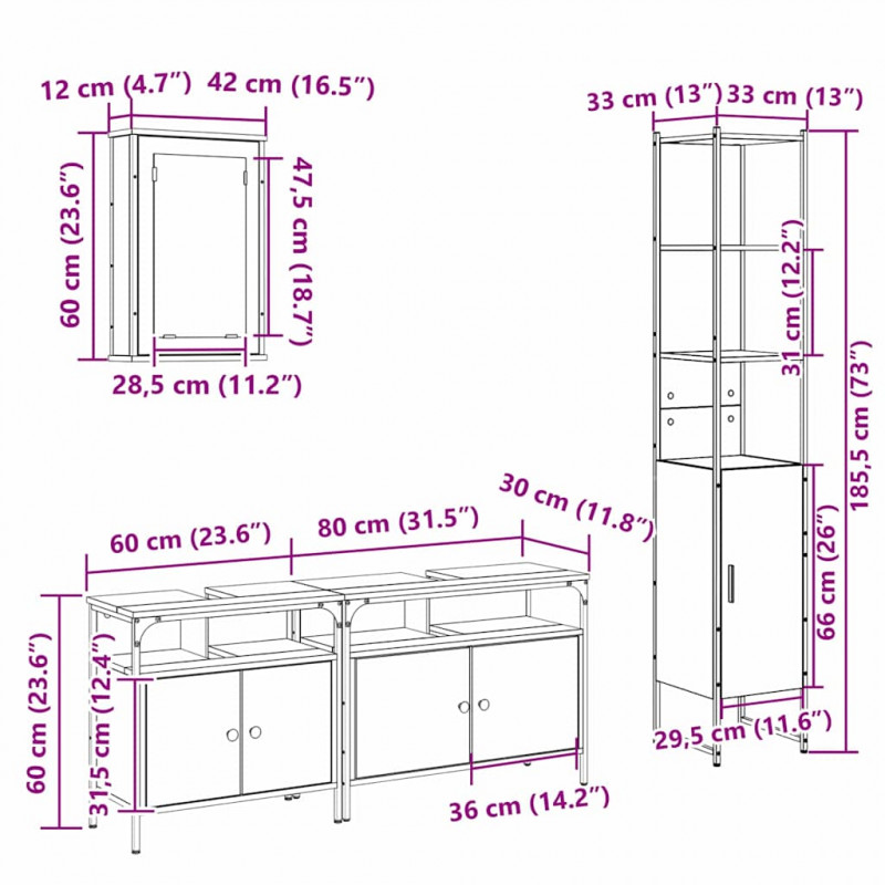 Zestaw mebli łazienkowych z półką z drzwiami 4 pcs Dąb Sonoma