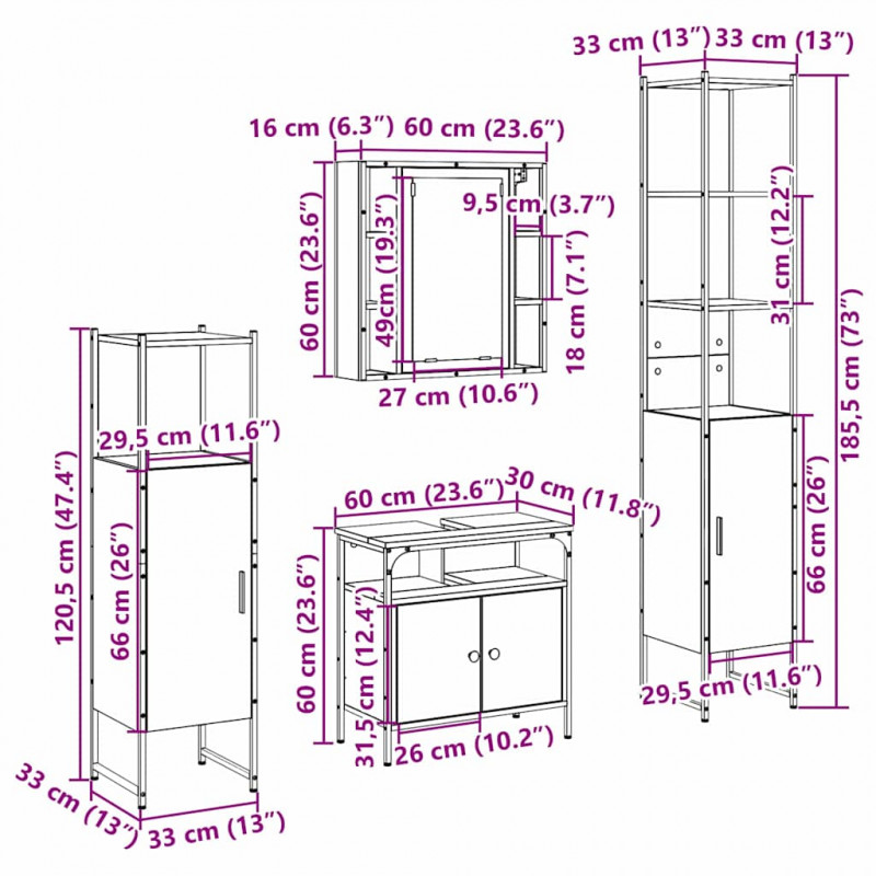 Zestaw mebli łazienkowych z półką z drzwiami 4 pcs Dąb Sonoma