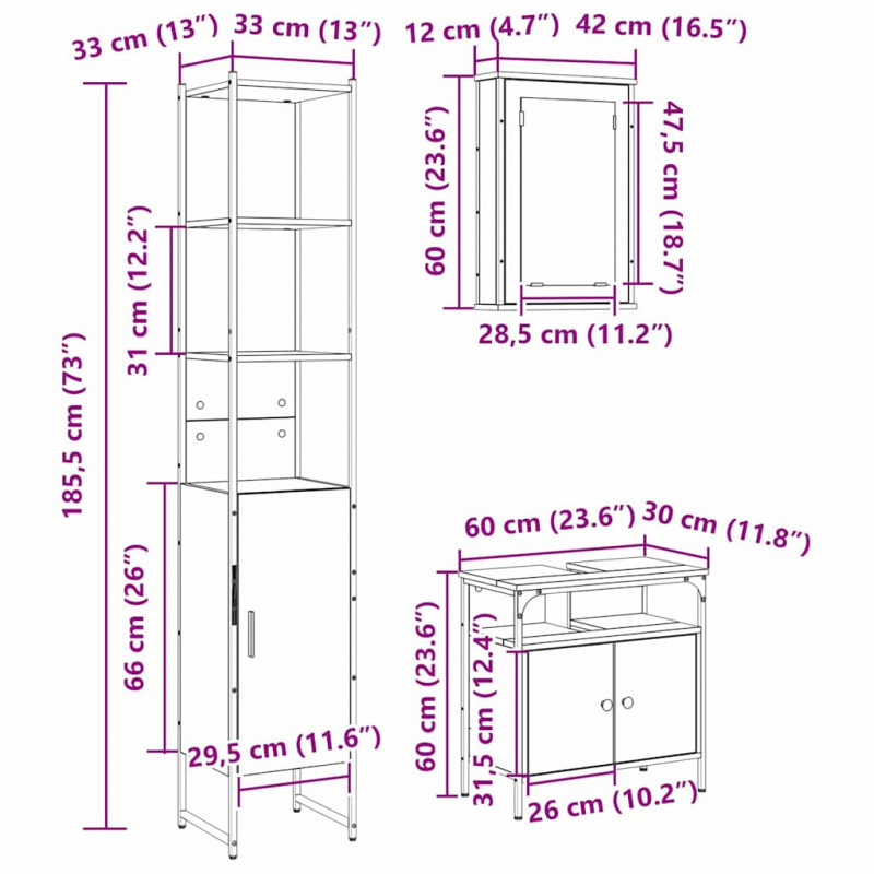 Zestaw mebli łazienkowych z półką z drzwiami 3 pcs Dąb Sonoma