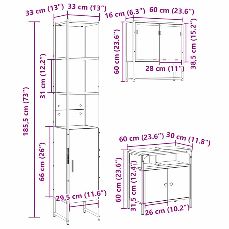 Zestaw mebli łazienkowych z półką z drzwiami 3 pcs Dąb Sonoma