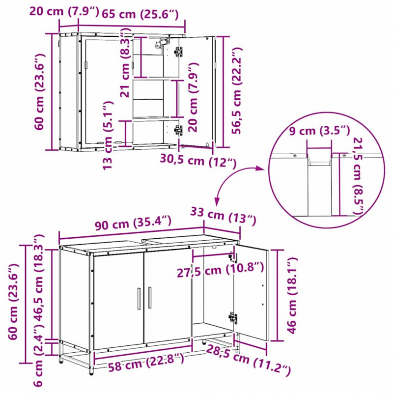 Zestaw mebli łazienkowych z szufladą z półką 3 pcs Czarny Dąb