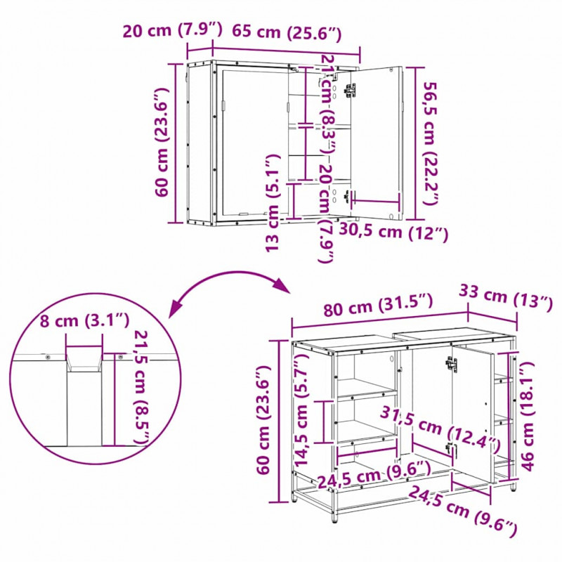Zestaw mebli łazienkowych z półką z drzwiami 2 pcs Stare drewno