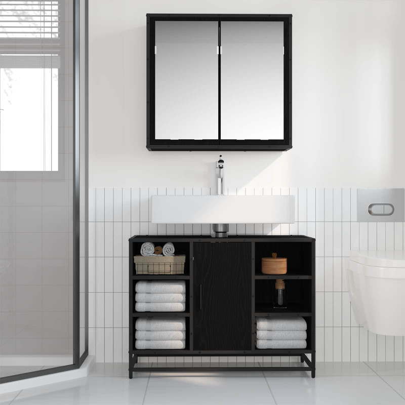 Zestaw mebli łazienkowych z półką z drzwiami 2 pcs Czarny Dąb