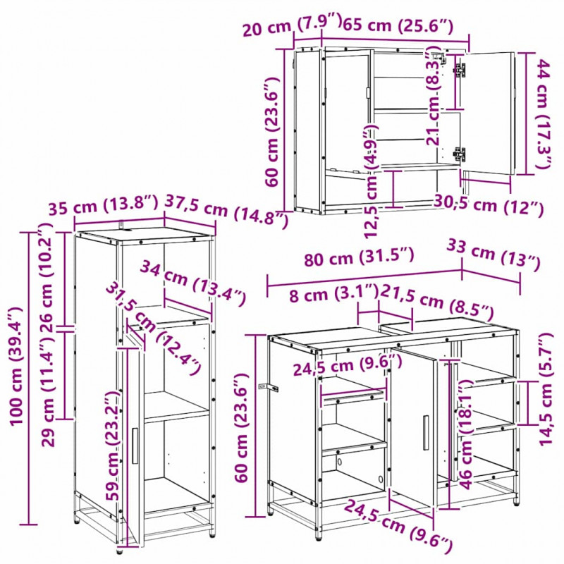 Zestaw mebli łazienkowych z półką z drzwiami 3 pcs Czarny Dąb