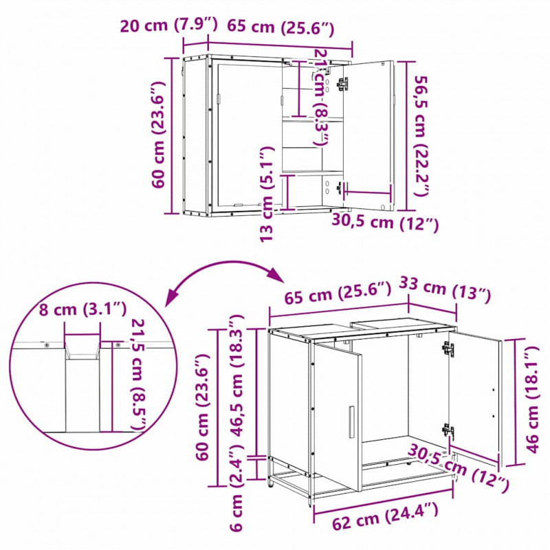 Zestaw mebli łazienkowych z półką z drzwiami 2 pcs Stare drewno