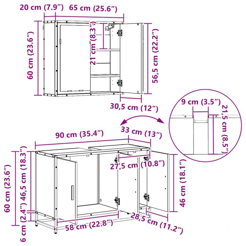 Zestaw mebli łazienkowych z szufladą z półką 4 pcs Czarny Dąb