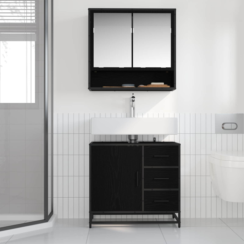 Zestaw mebli łazienkowych z szufladą z półką 2 pcs Czarny Dąb