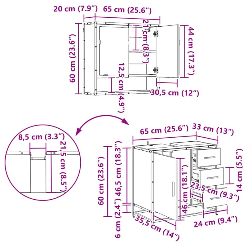 Zestaw mebli łazienkowych z szufladą z półką 2 pcs Czarny Dąb