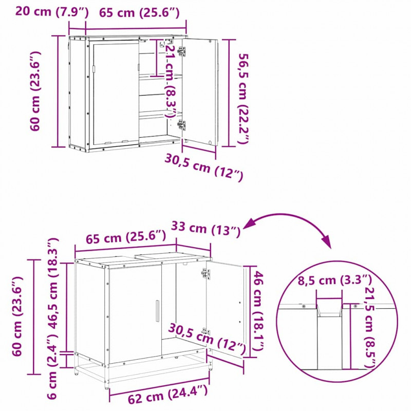 Zestaw mebli łazienkowych z półką z drzwiami 4 pcs Czarny Dąb
